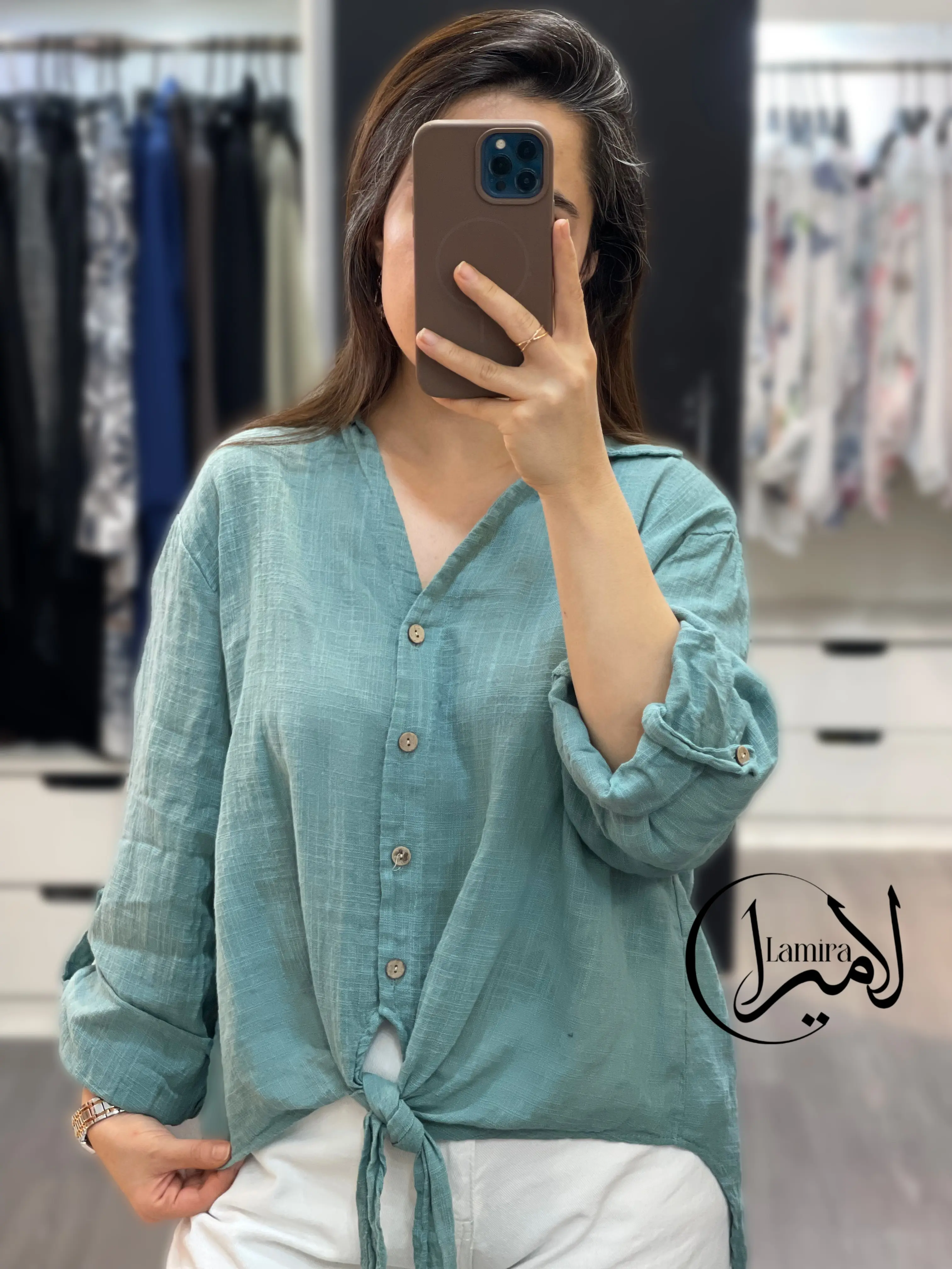 شومیز لینن ایتالیایی گره ای ساده تک رنگ